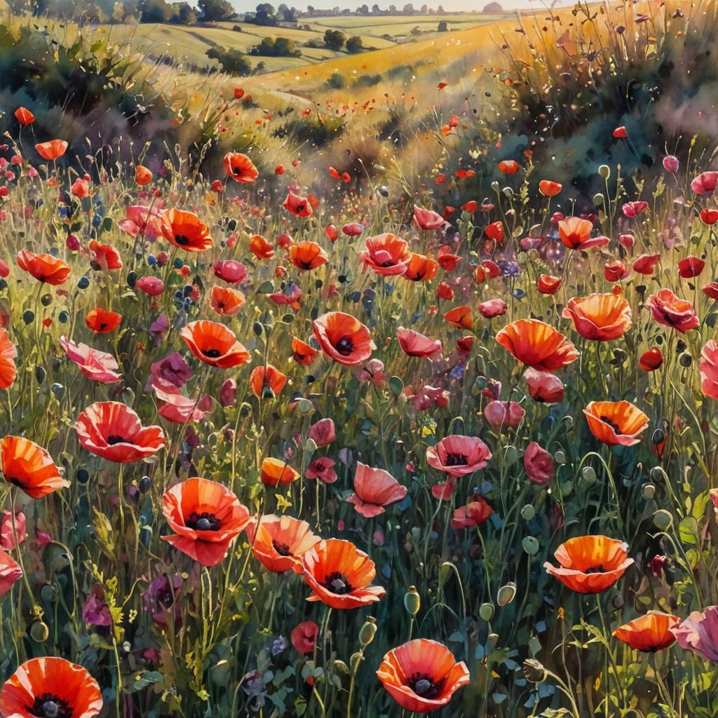 Surreal Poppies and Roses Watercolour Painting
