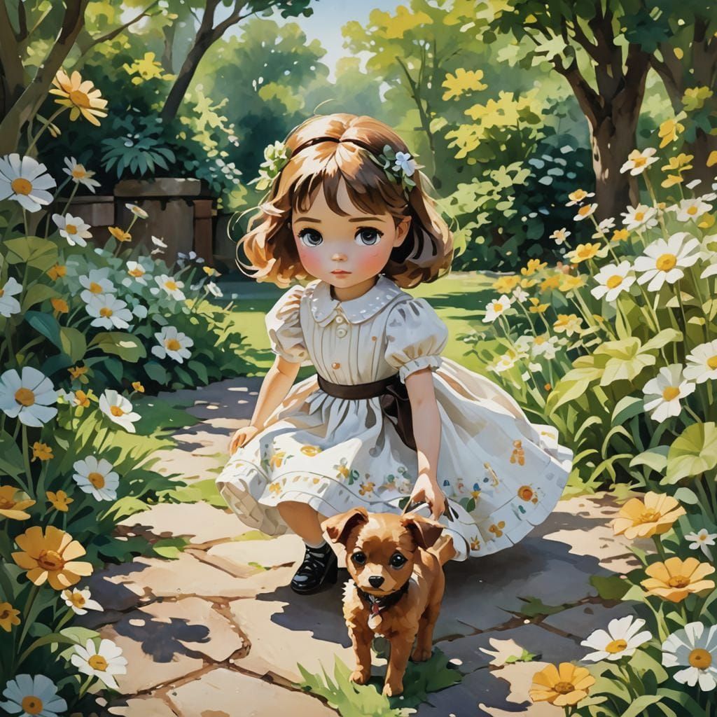 Anime Doll and Dog in Impressionist Gouache Style