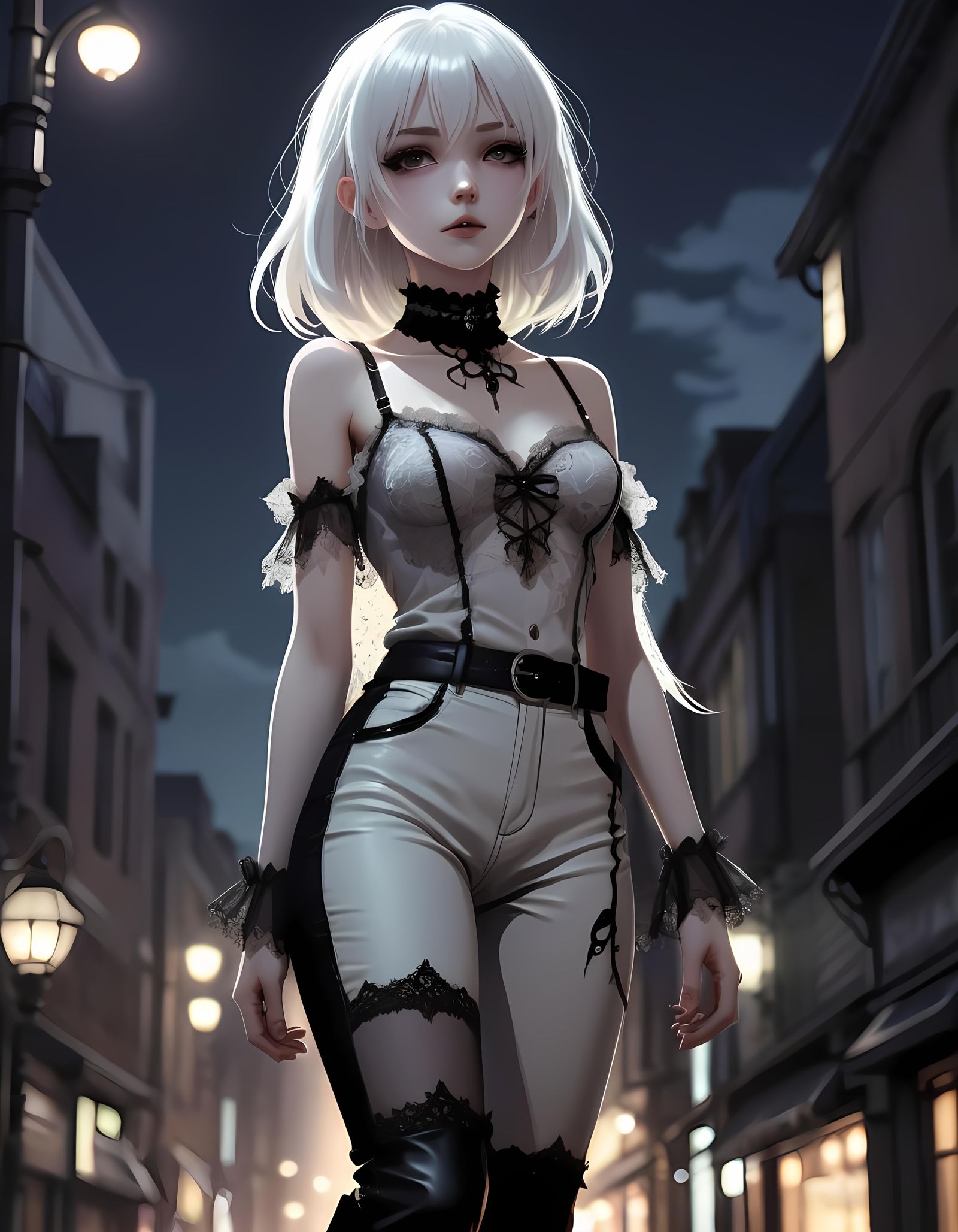 Pale Woman in Gothic Style, Moonlit Street