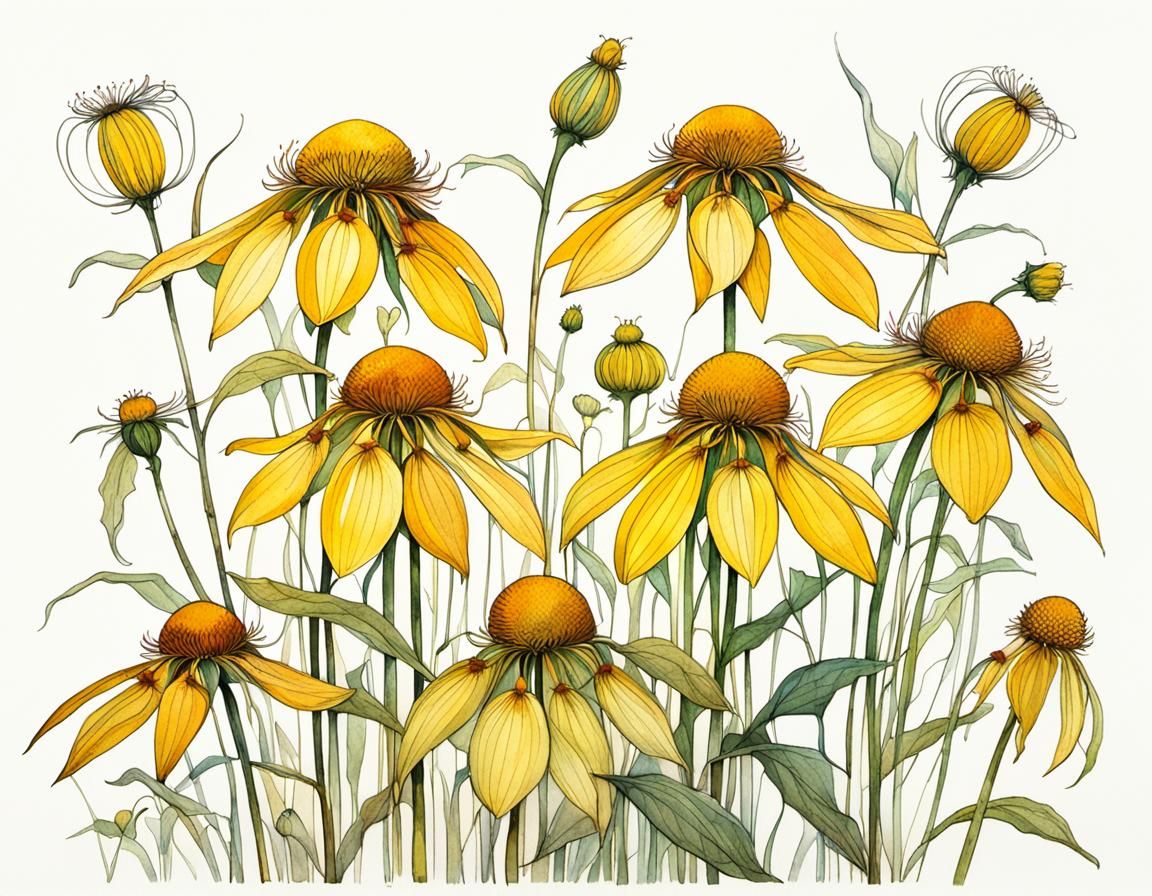Yellow Coneflower in Art Nouveau Style