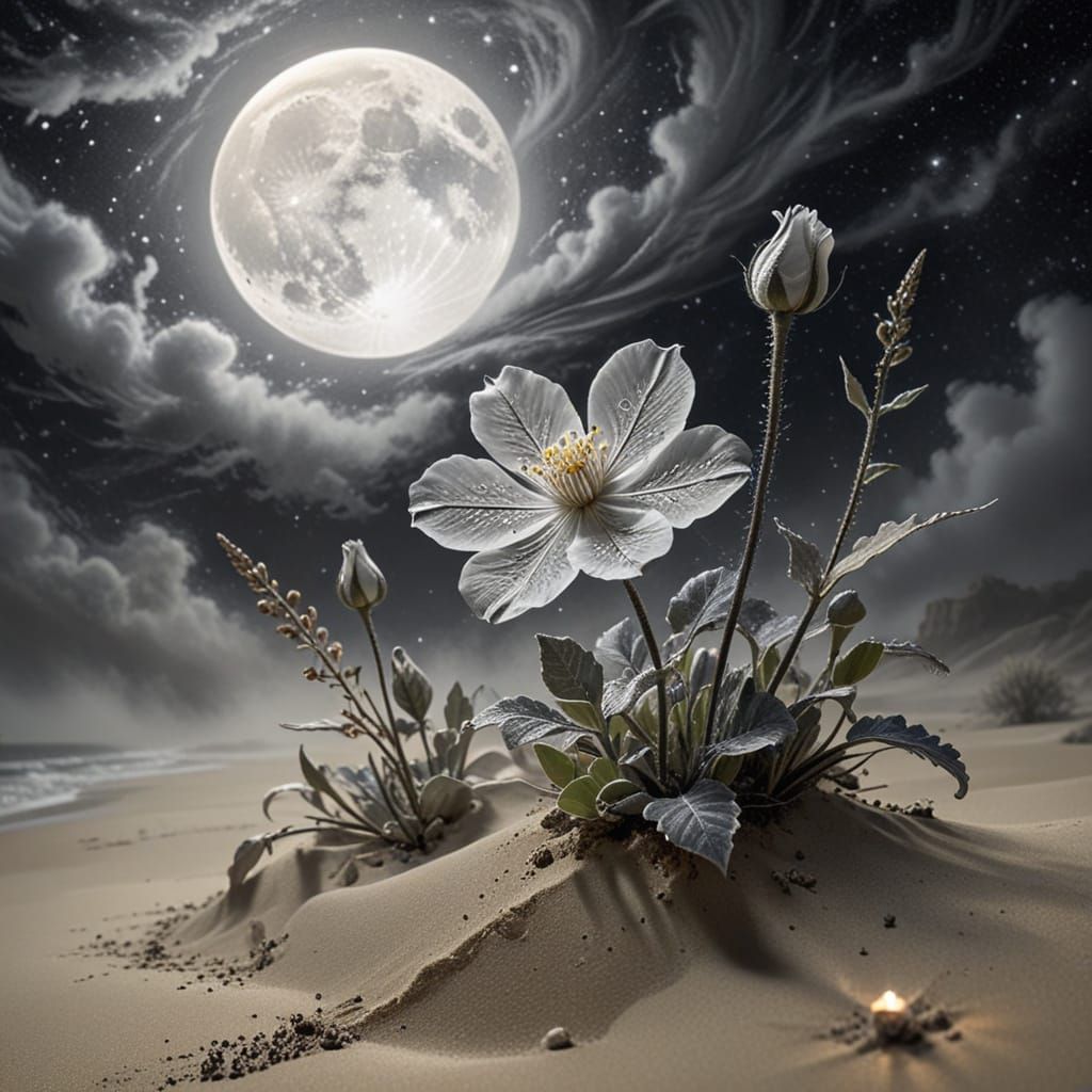 Moonlit Flower in Charcoal Drawing, Ethereal Fantasy