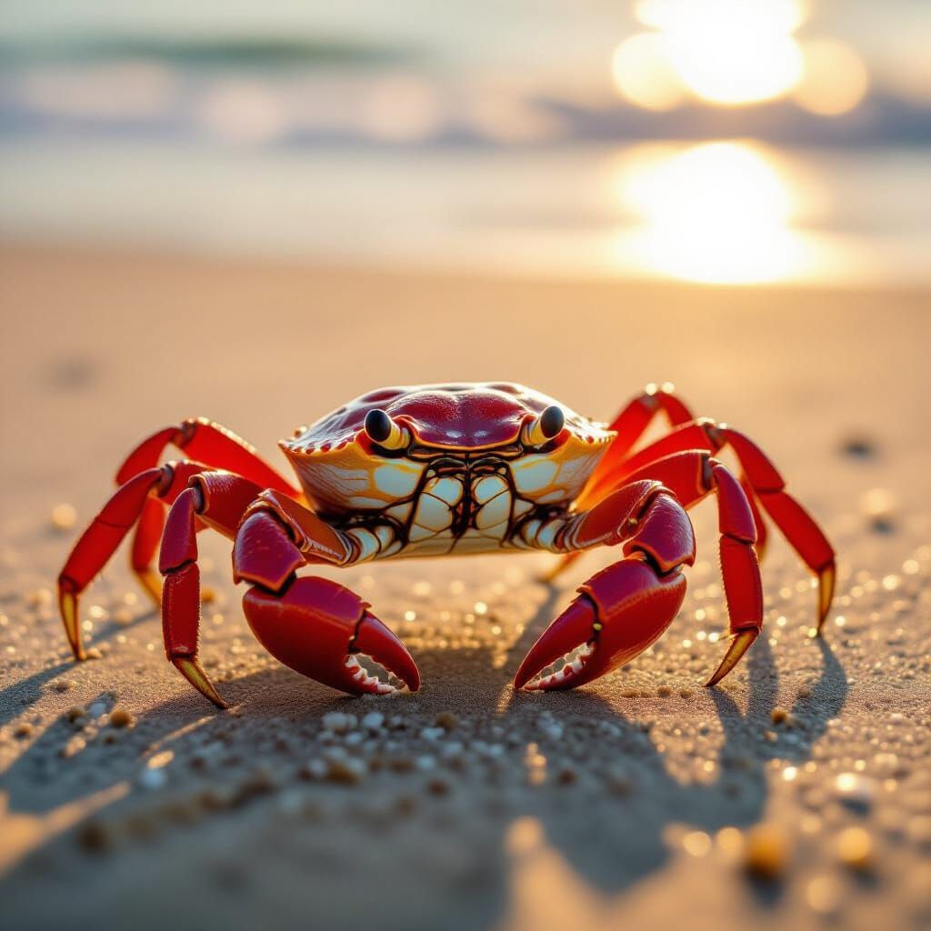 Realistic Red Crab on Sandy Beach at Golden Hour