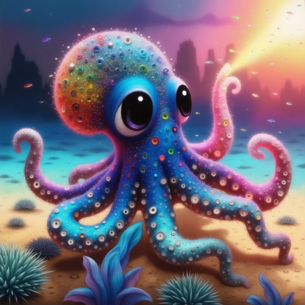 Whimsical Coral Reef Scene with Baby Octopus Reaching for Su...