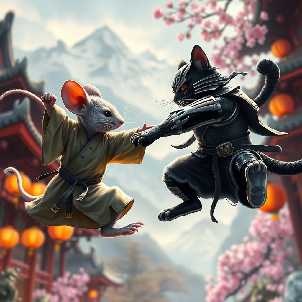 Kung Fu Mouse vs Cat: Hyperrealistic Mid-Air Fight