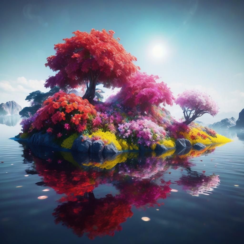 Floral Island with Water Reflections in 3D