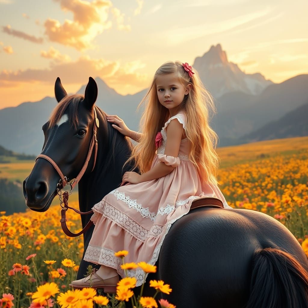 Ethereal Sunset Scene with Girl on Horse in a Field of Wildf...