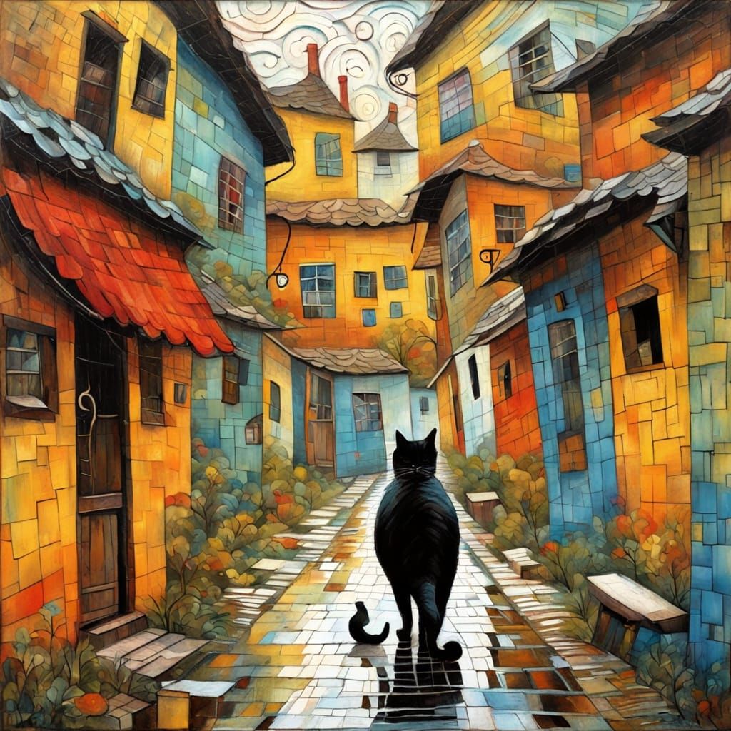 Cat in Village Alley, Textured Naive Encaustic Painting