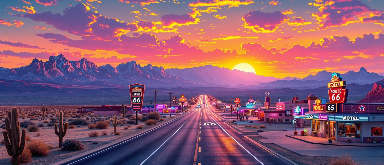 U.S. Route 66 Sunset: Retro Futuristic Vista