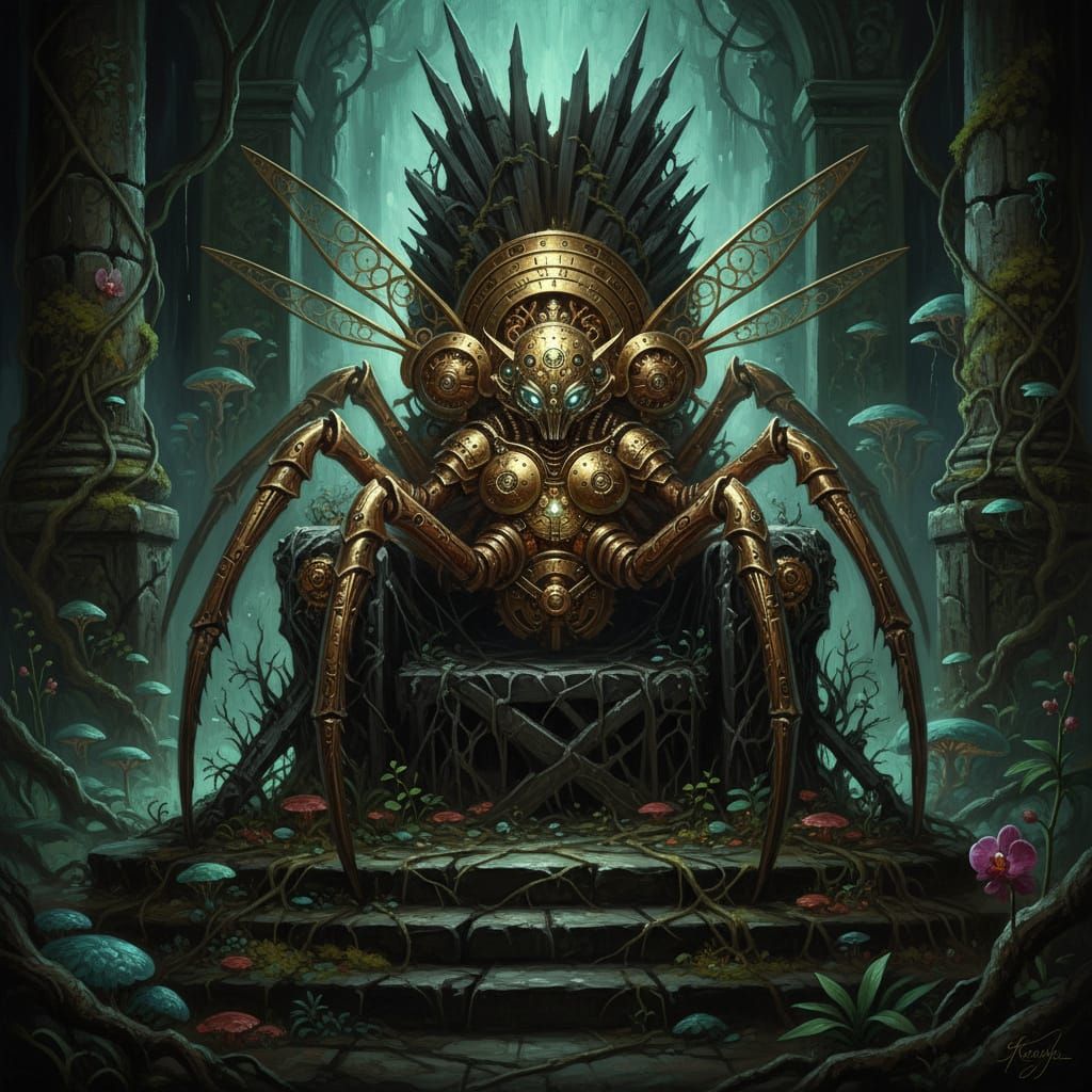 Steampunk Spider Queen in Jungle Temple Oil Painting
