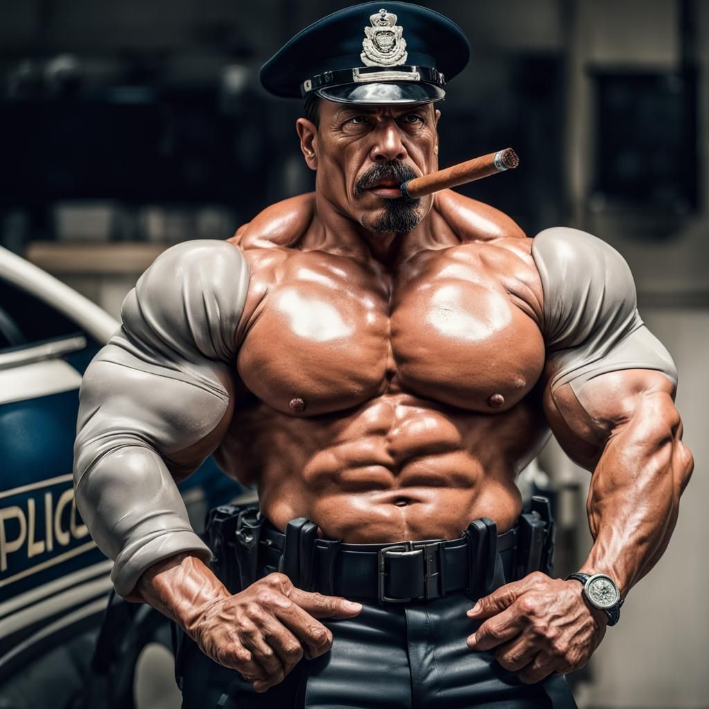 Hyperrealistic Muscular Mexican Police Officer Smoking Cigar
