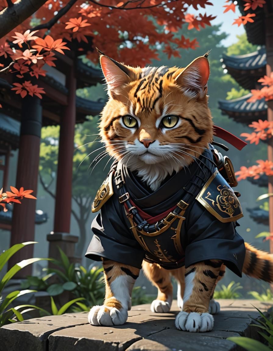 Ninja Cat Stalking Prey in 3D Anime Art
