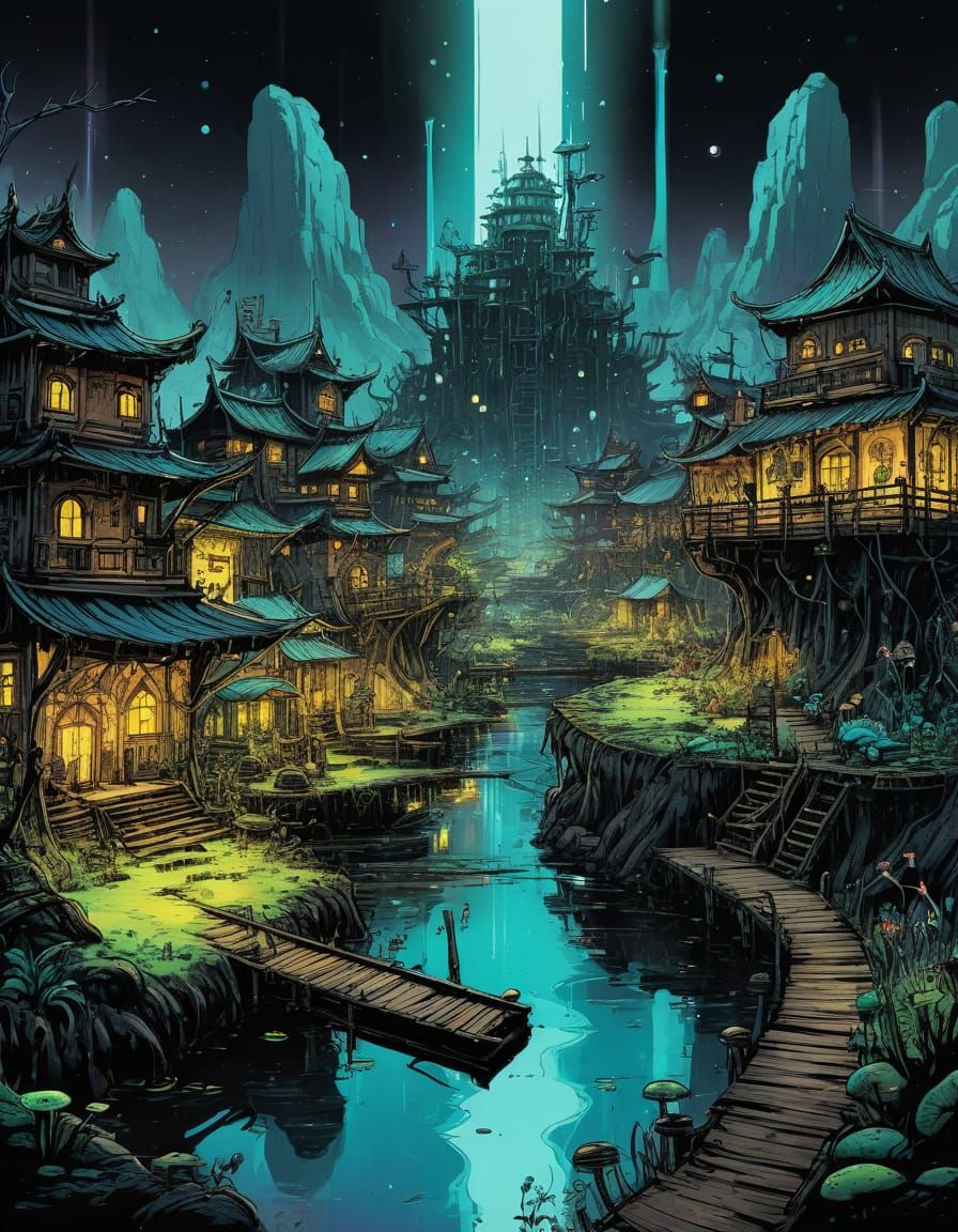 Whimsical Fantasy Village in a Rainbow Tar Bog