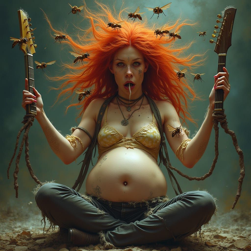 Witch Triumphant Atop Musician, Surreal Art Style