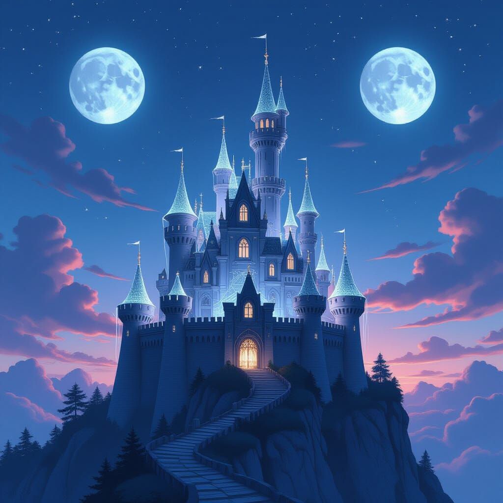 Spiderweb Castle on Crag Under Twilight Sky