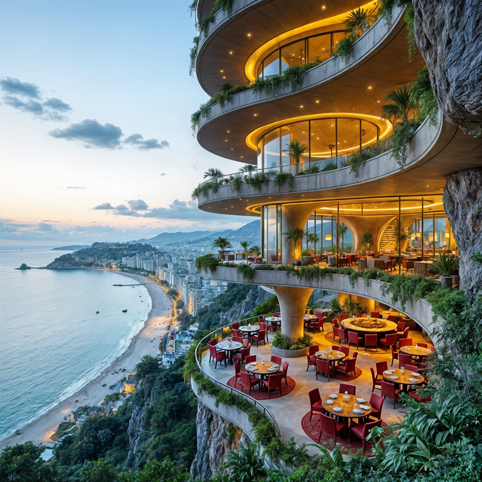 Cliffside Architectural Marvel with Lush Greenery