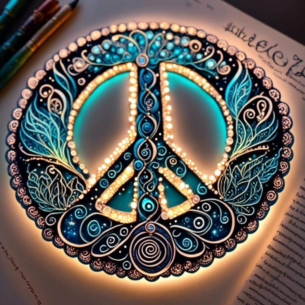 Bioluminescent Zentangle Peace Symbol with Glowing Shapes