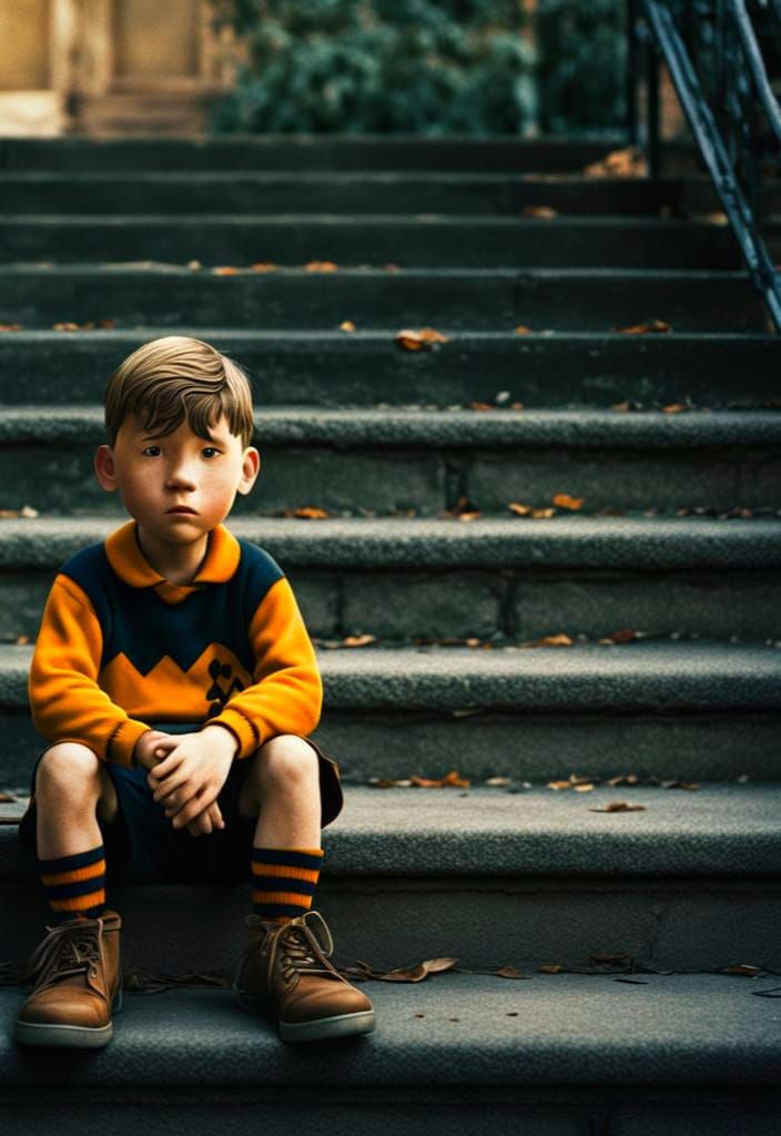 Realistic Photo of Charlie Brown Sitting on Steps