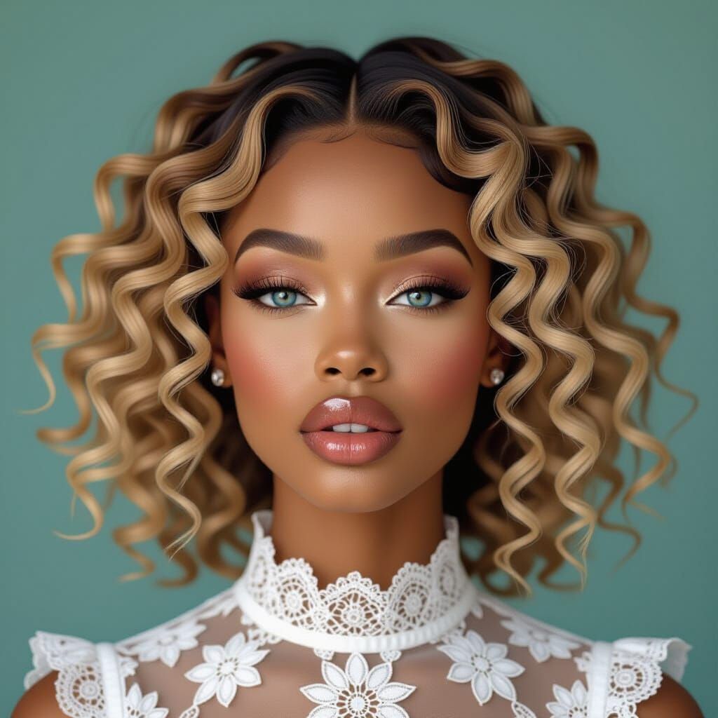 Portrait of a Woman with Sapphire Eyes and Full Lips