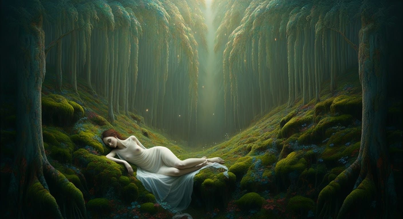 Ethereal Maiden in Dreamlike Landscape