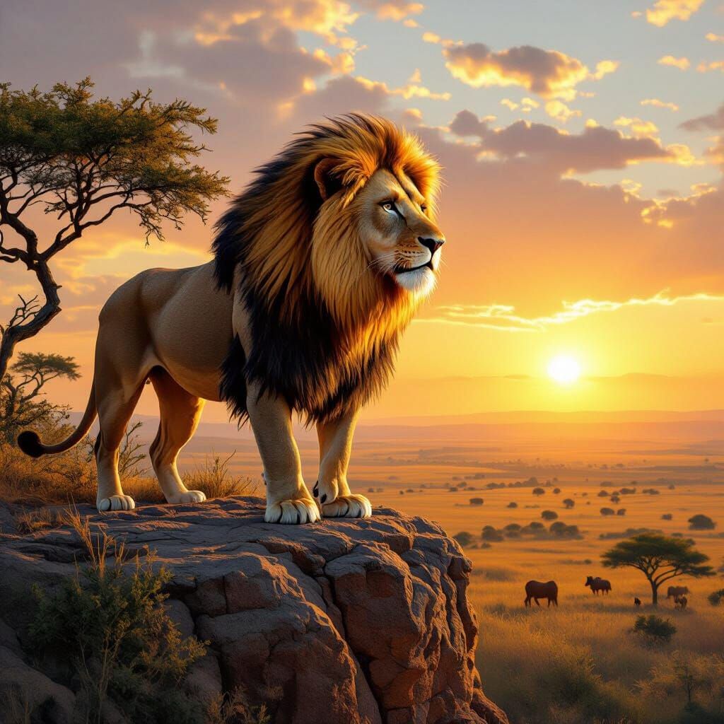 Lion Overlooking Savannah in Photorealistic Style