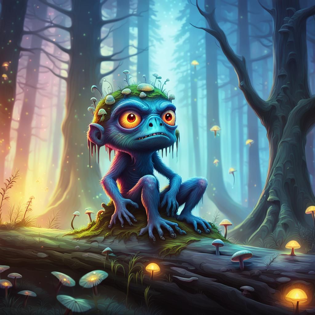 Cute Cyclops in Magical Forest, as Oil Painting