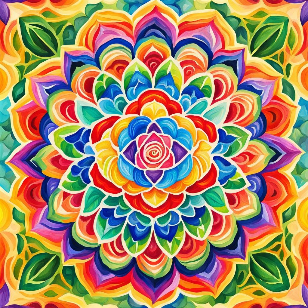 Rainbow Rose Mandala in Gouache Style