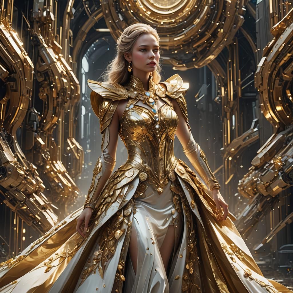 Futuristic Lady in Gold Gown, Detailed Matte Painting