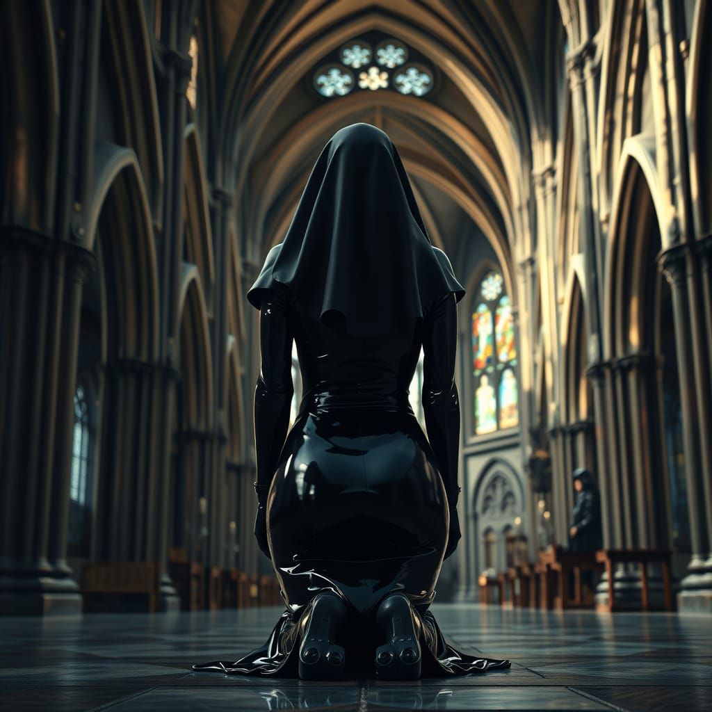 Mysterious Nun in Latex Habit Contemplates in Gothic Church