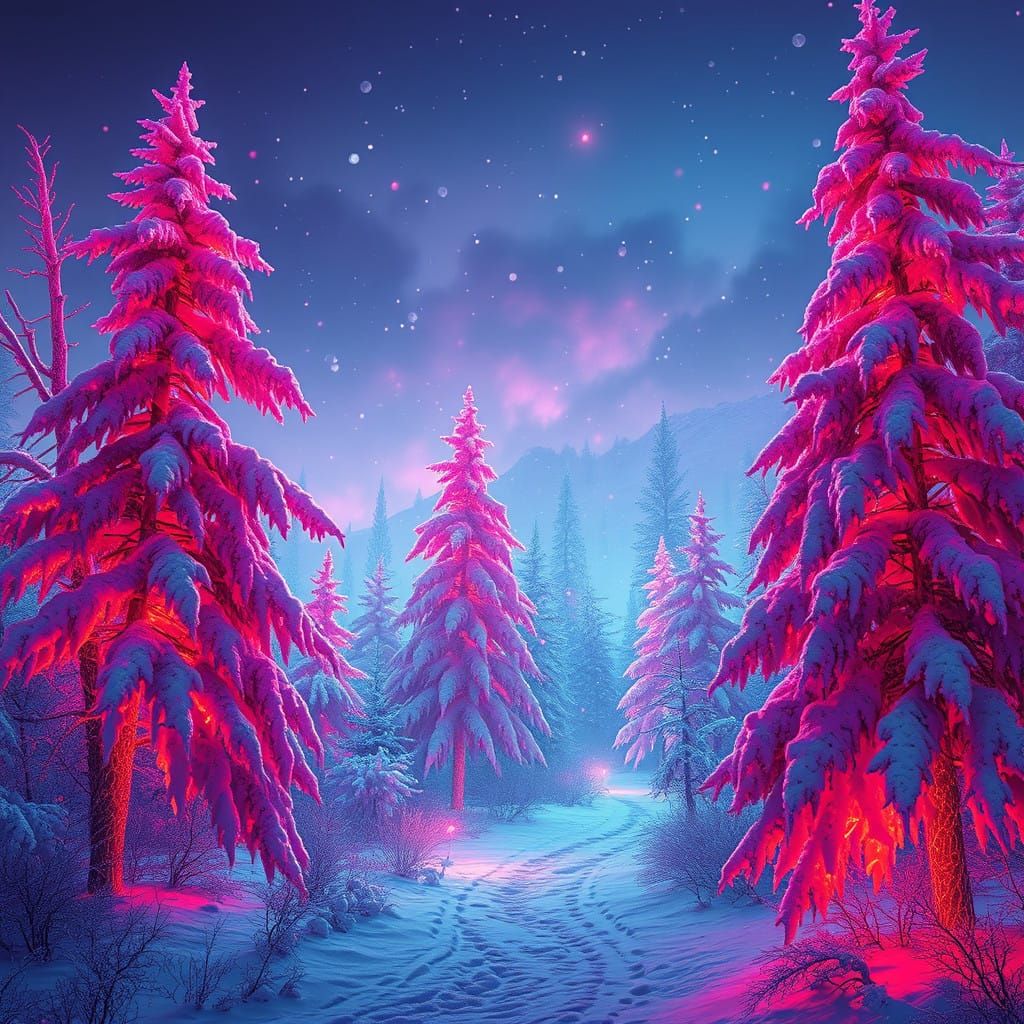 Mystical Winter Wonderland in Neon-Red Hues