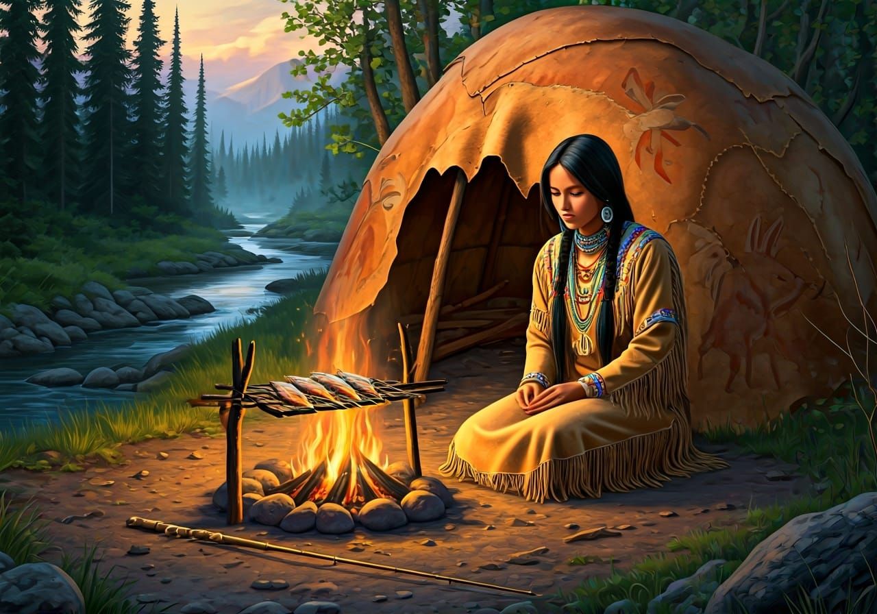 Native American Woman Cooking Fish by Fire
