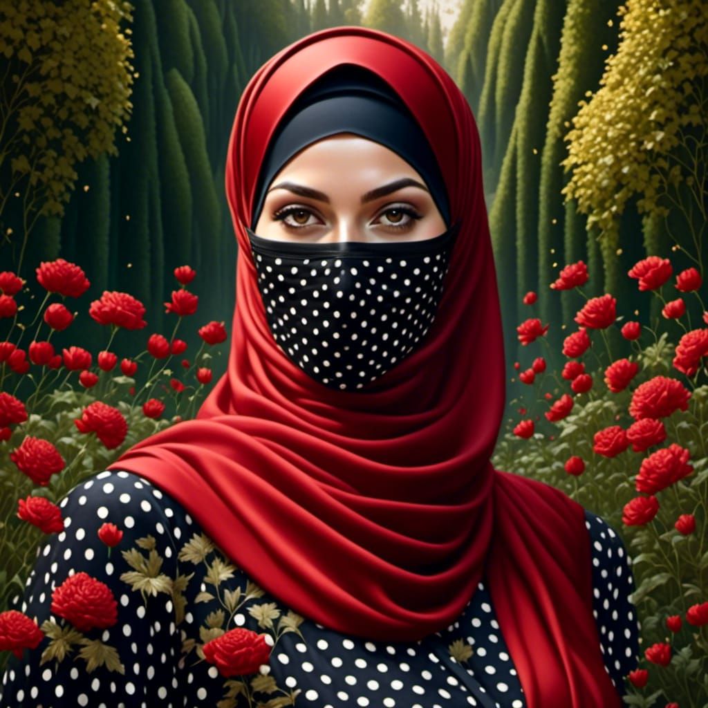 Beautiful Woman in Facemask and Red Satin Hijab