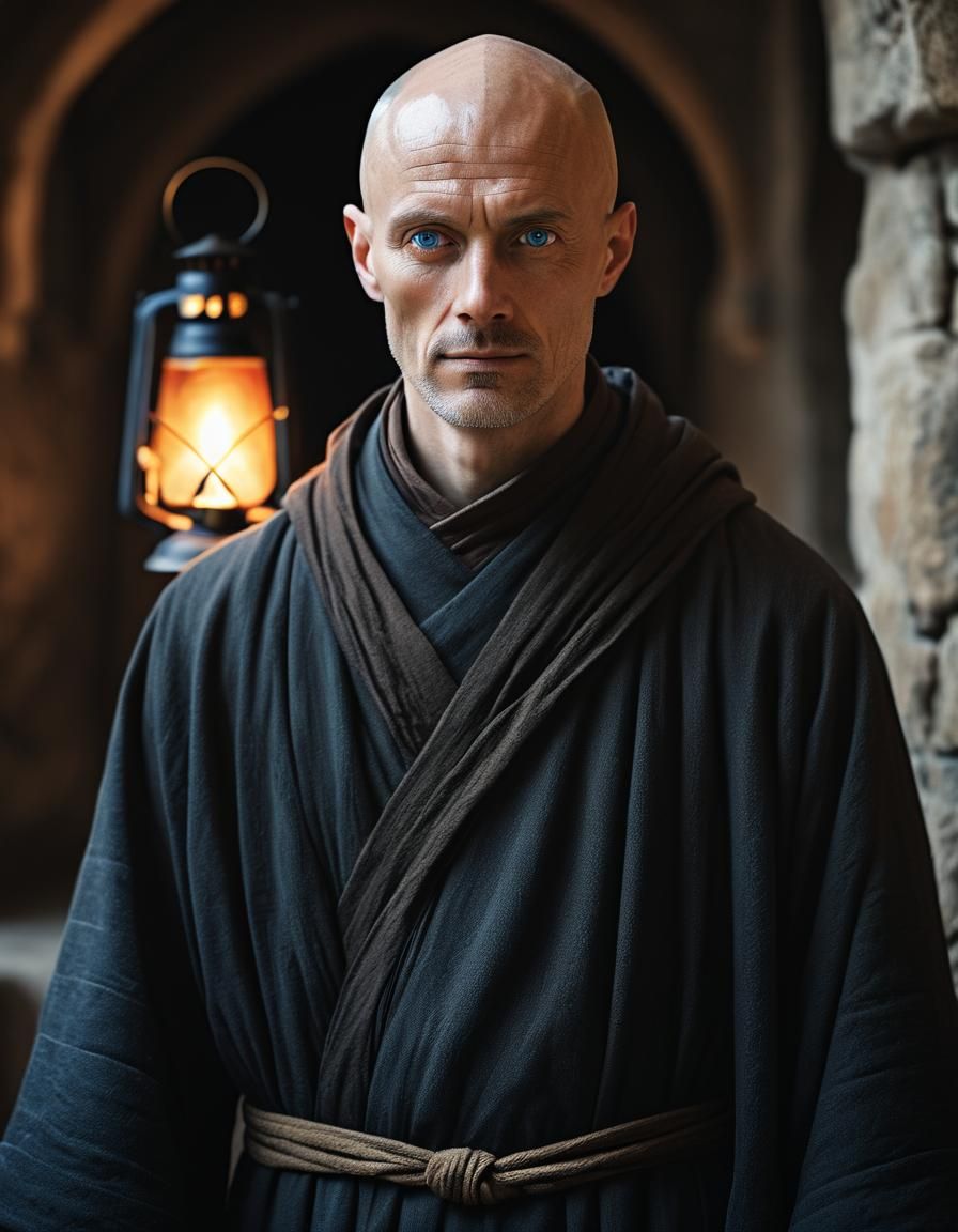 Medieval Christian Monk in Stone Monastery, Realistic Photo
