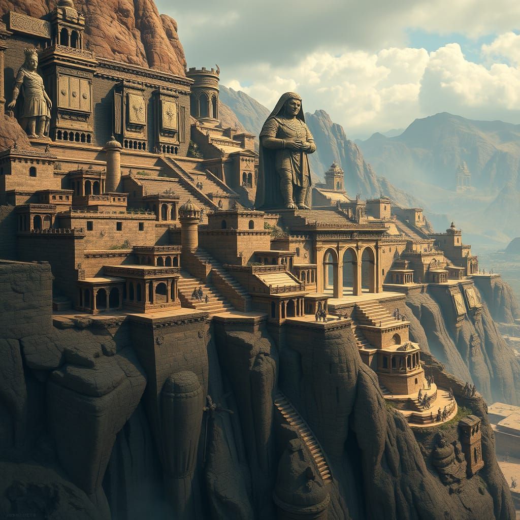 Cliffside Capital City with Colossal Statue, Digital Art