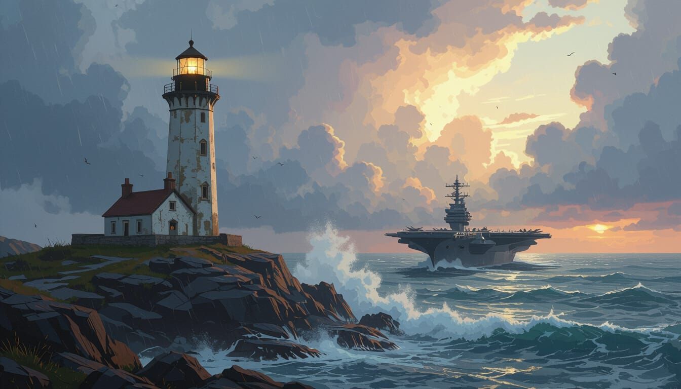 Lighthouse and Aircraft Carrier in Stormy Sea