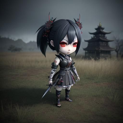 Chibi Gothic Girl with Swords in 3D Style