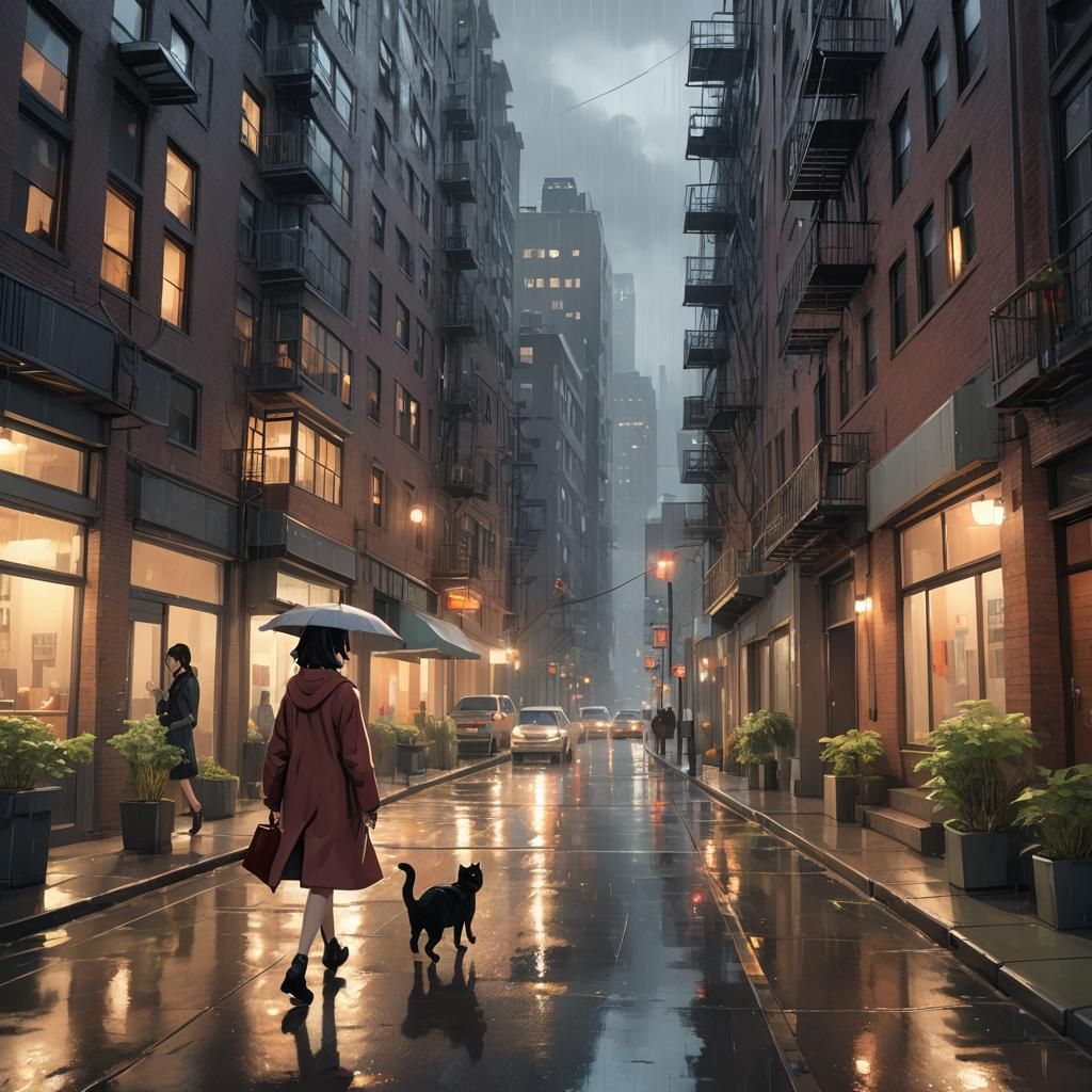 Rainy Evening Walk in Anime Style