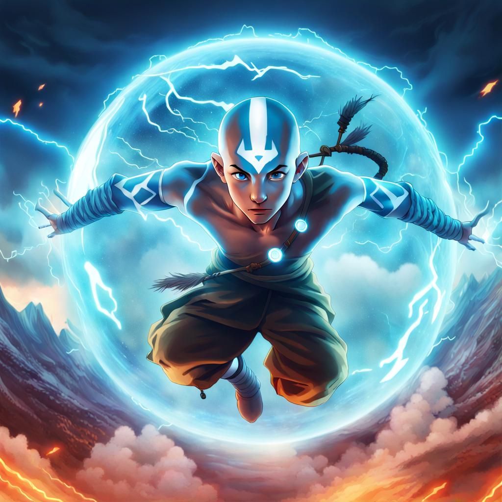 avatar_Aang in avatar_mode with ligthing light blue arrow tatto in forehead, Aang is flying inside of a whind sphere wit...