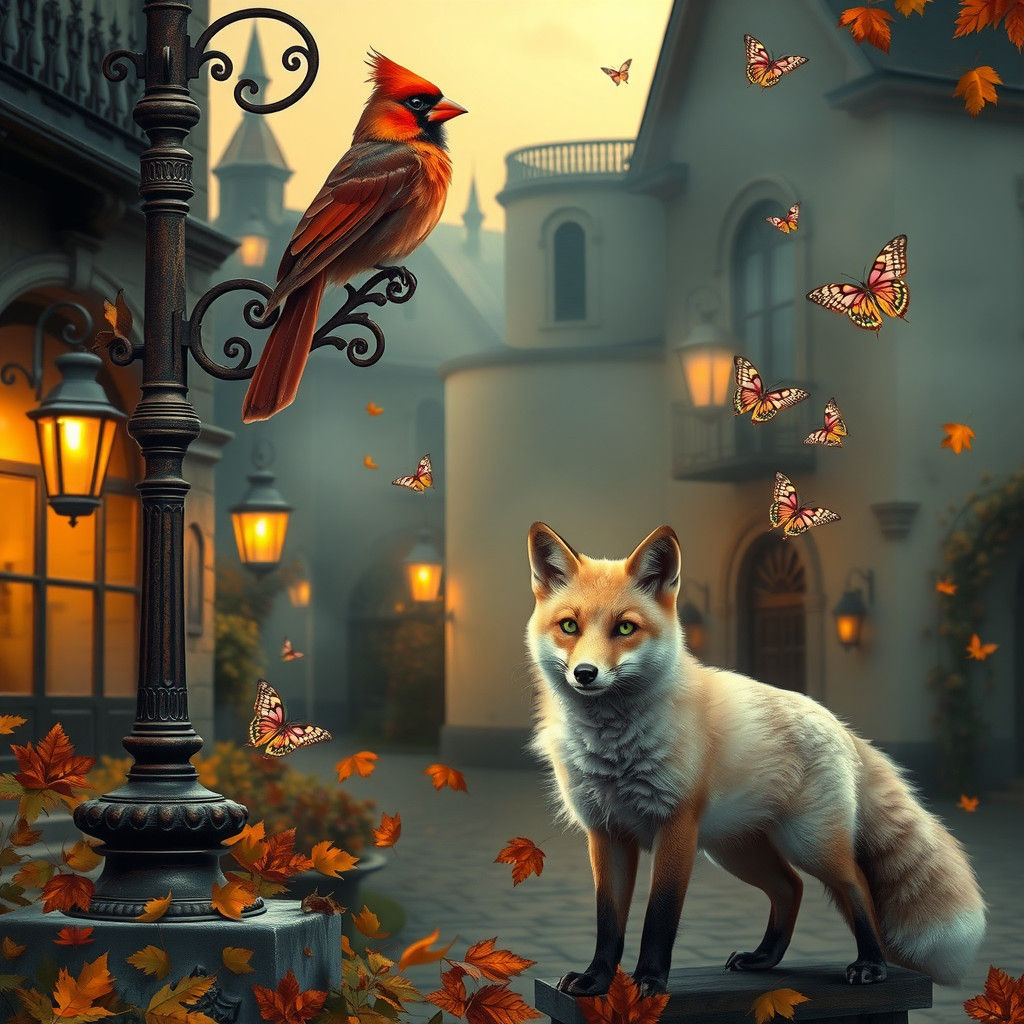 Cardinal and Cream Fox in Victorian Autumn Town