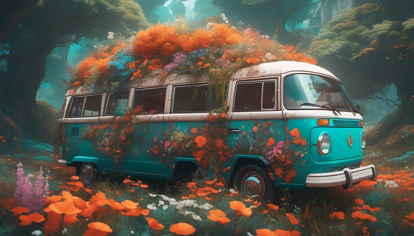 Pastel Flower Hippie Van in Art Nouveau Style