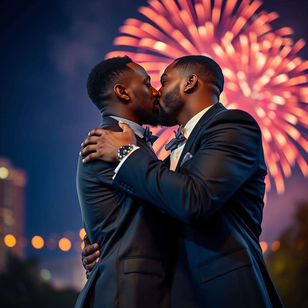 Two Men Embracing Under Fireworks in Sharp Focus