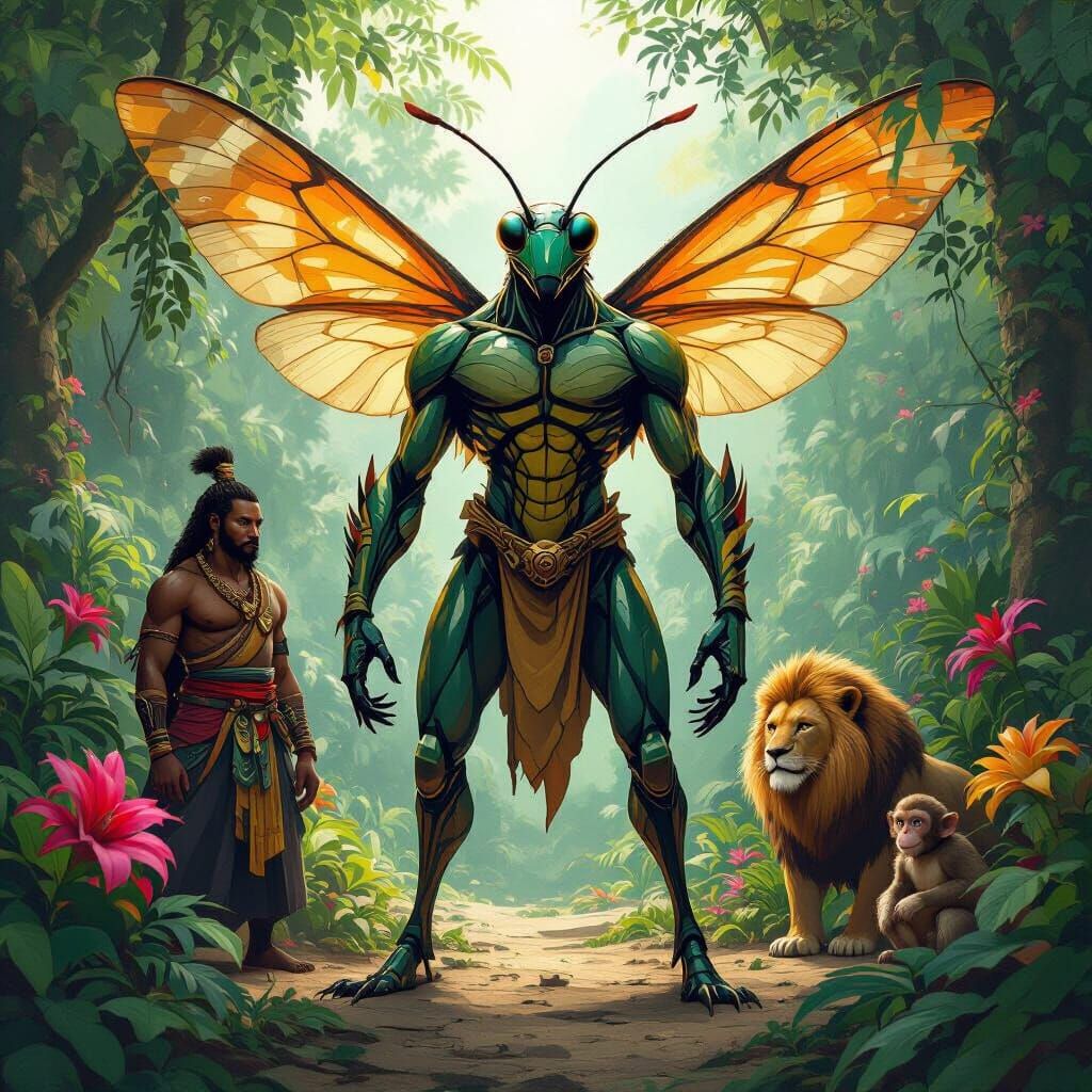 Hybrid Mantis Creature in Amazon Jungle, Digital Art