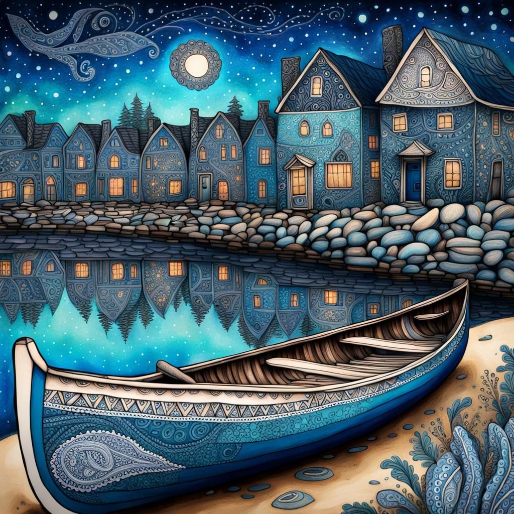 Canoe on Shoreline with Zentangle Sky