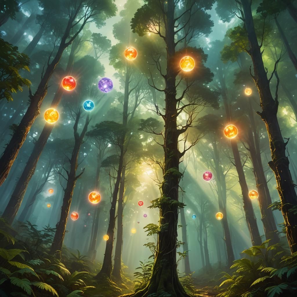 Glowing Chakras in Lush Forest: Oil Painting