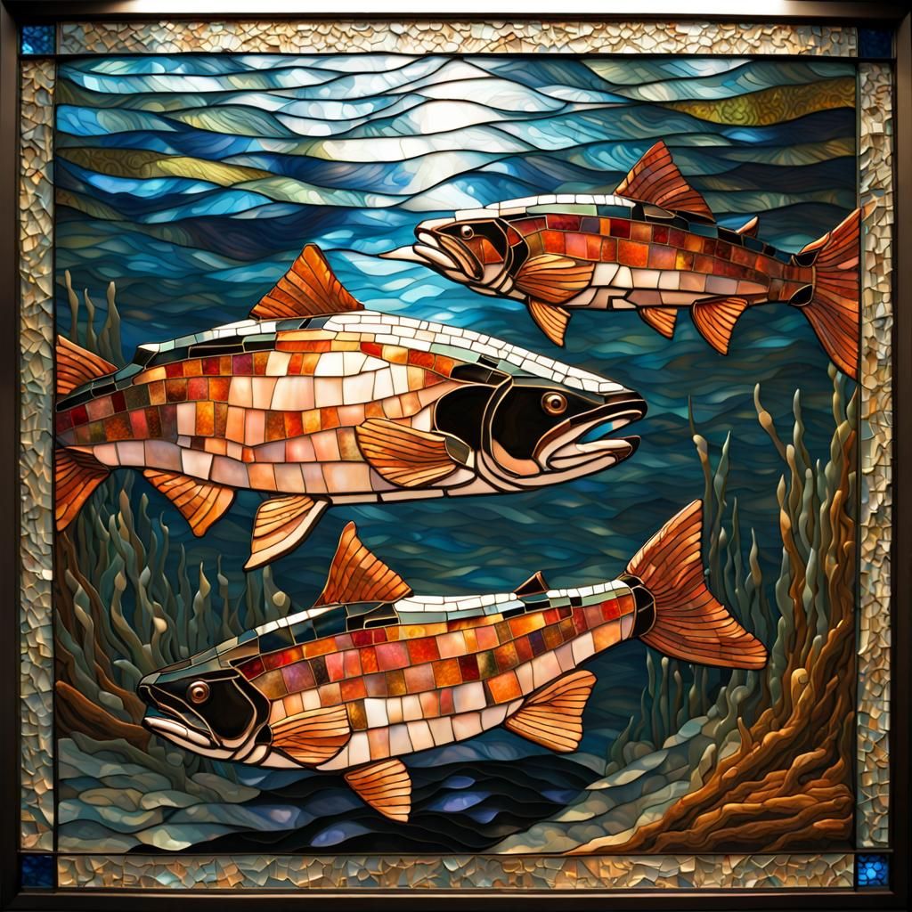 Mosaic Salmon in Alaskan Waters: Stained Glass Art