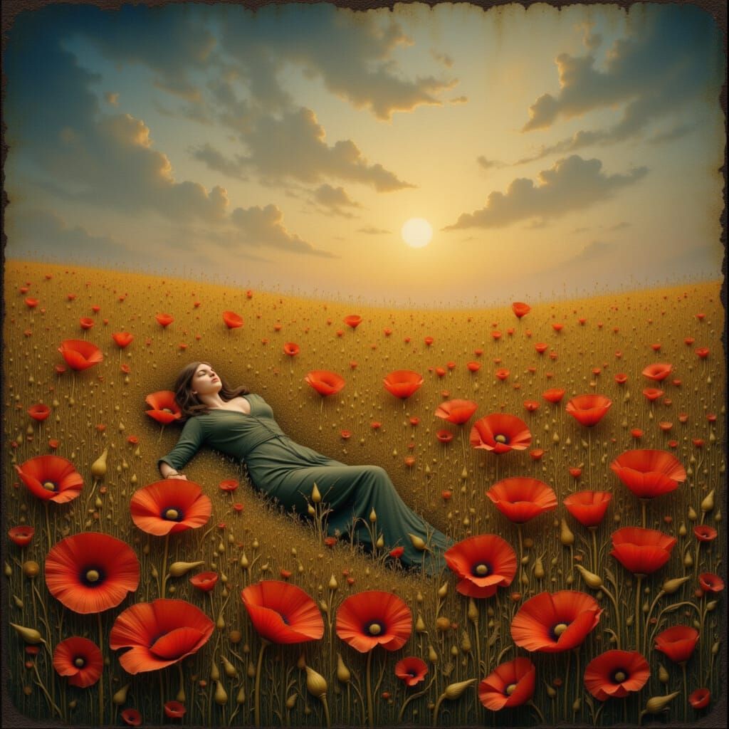 Figure Buried in Wheat Field with Poppies Under Twilight Sky