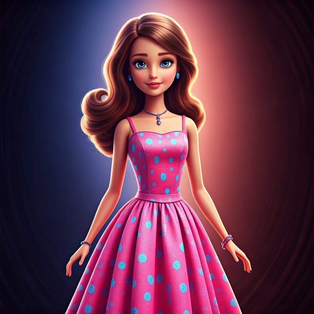 Stunning Barbie Doll in Vibrant Pink Dress with Blue Accents...