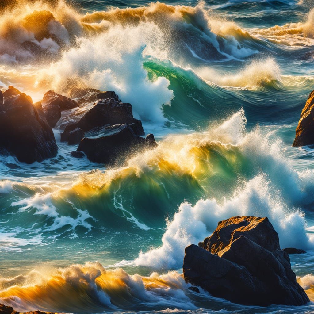 Hyper-Realistic Ocean Waves Crashing: Vivid Digital Art