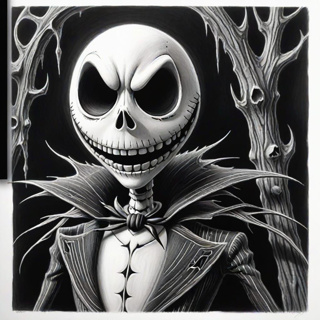 Hyperdetailed Charcoal Sketch of Jack Skellington