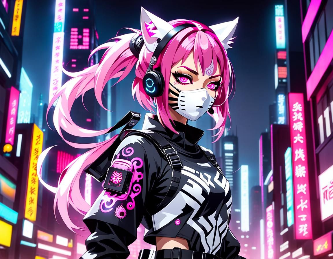 Cyborg Ninja Girl with Oni Mask in Anime Style