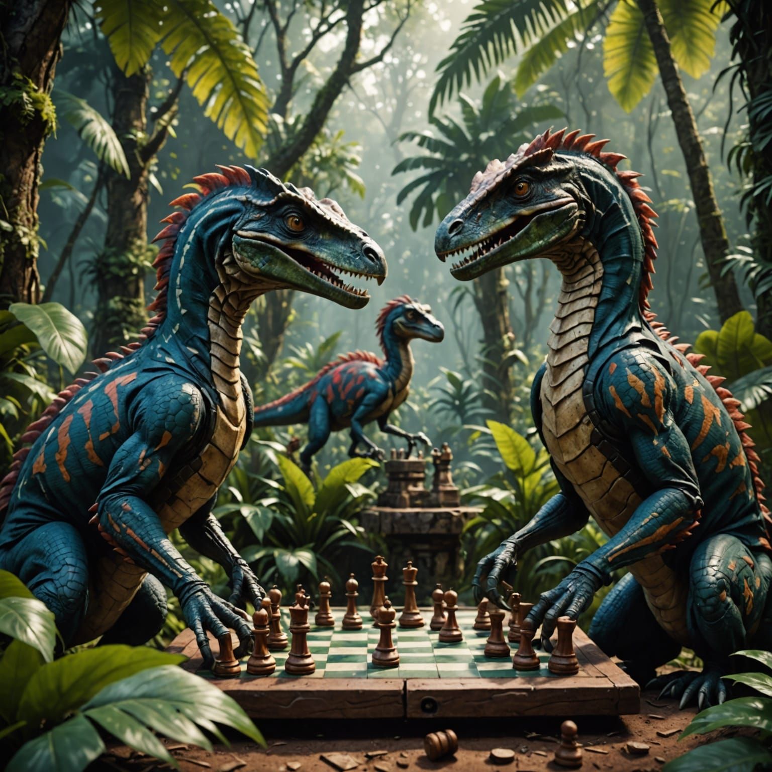 Fantastical Velociraptor Chess Match in Tropical Paradise